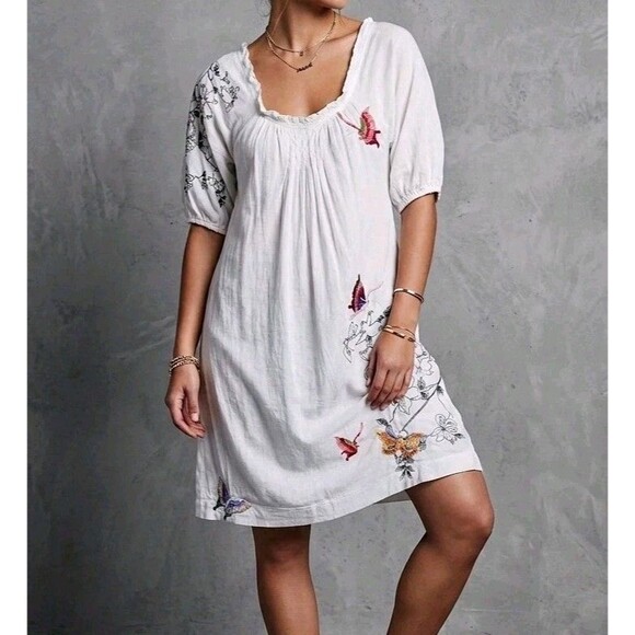 Johnny Was Dresses & Skirts - JWLA Johnny Was S Embroidered Butterfly Boho Cottagecore Ivory Dress Pockets